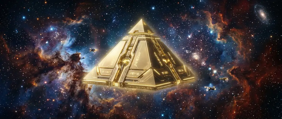 Deep space nebula with golden pyramid