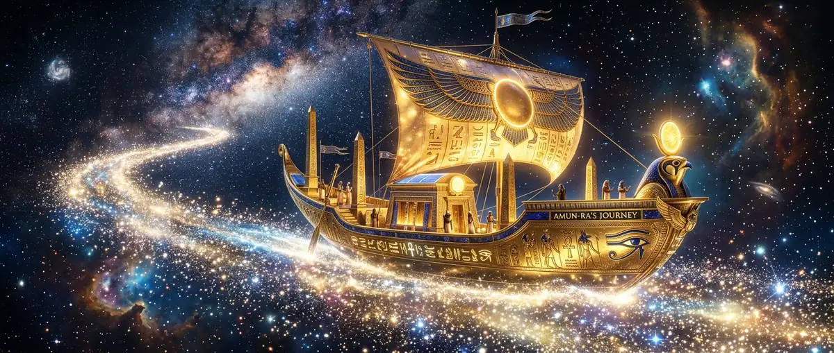 Golden solar barge sailing in space