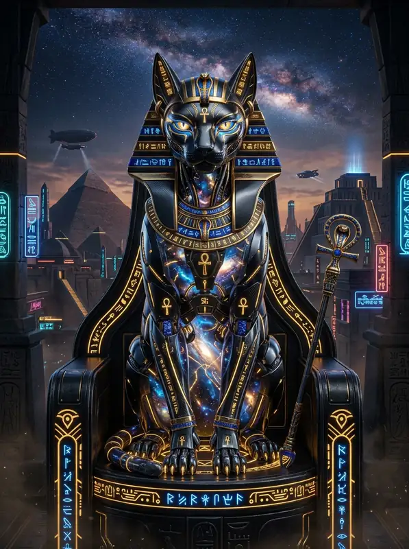 Biomechanical Egyptian cat deity in space